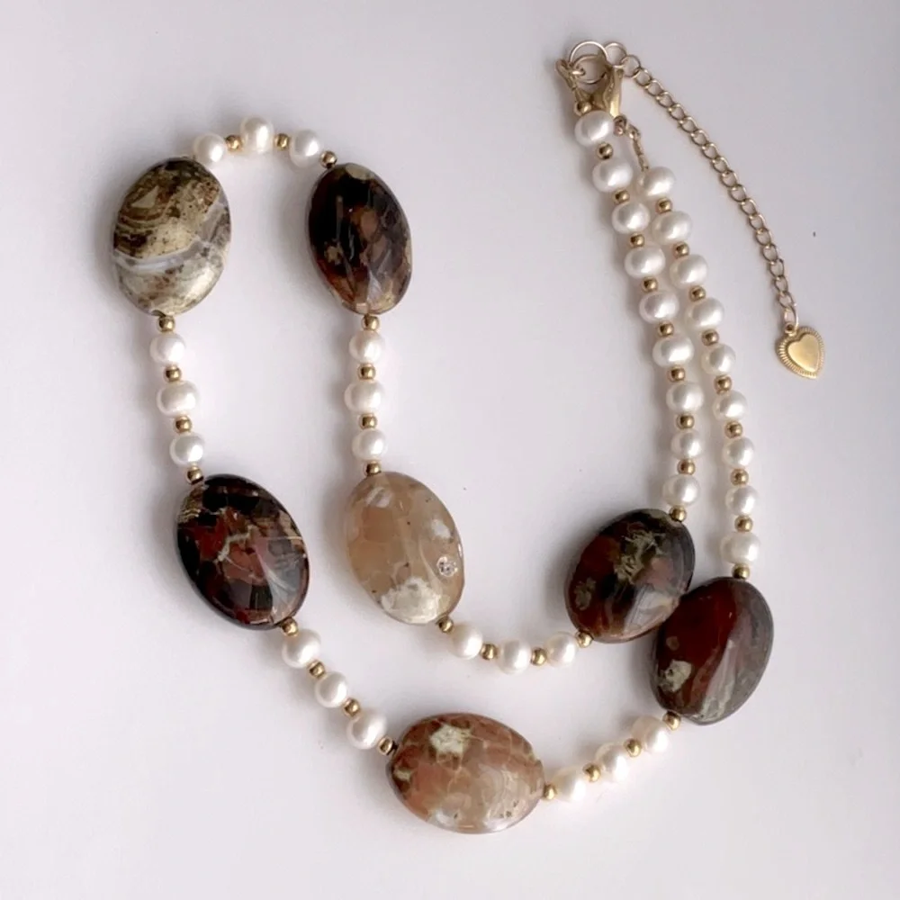 🟥Brand New Pearl & Flower Agate Necklace Handcrafted